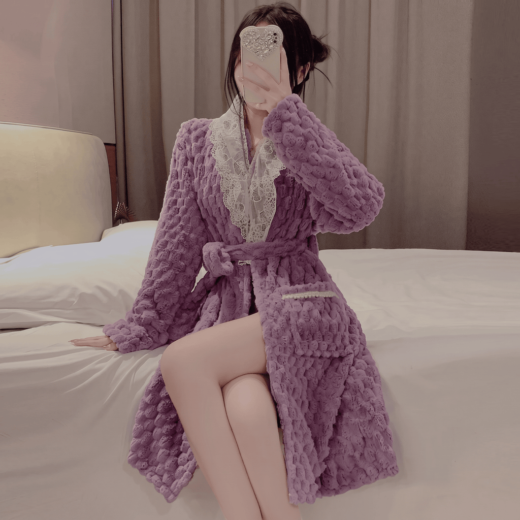 Le Prestige du Peignoir Peignoir Femme Polaire Dentelle Doux