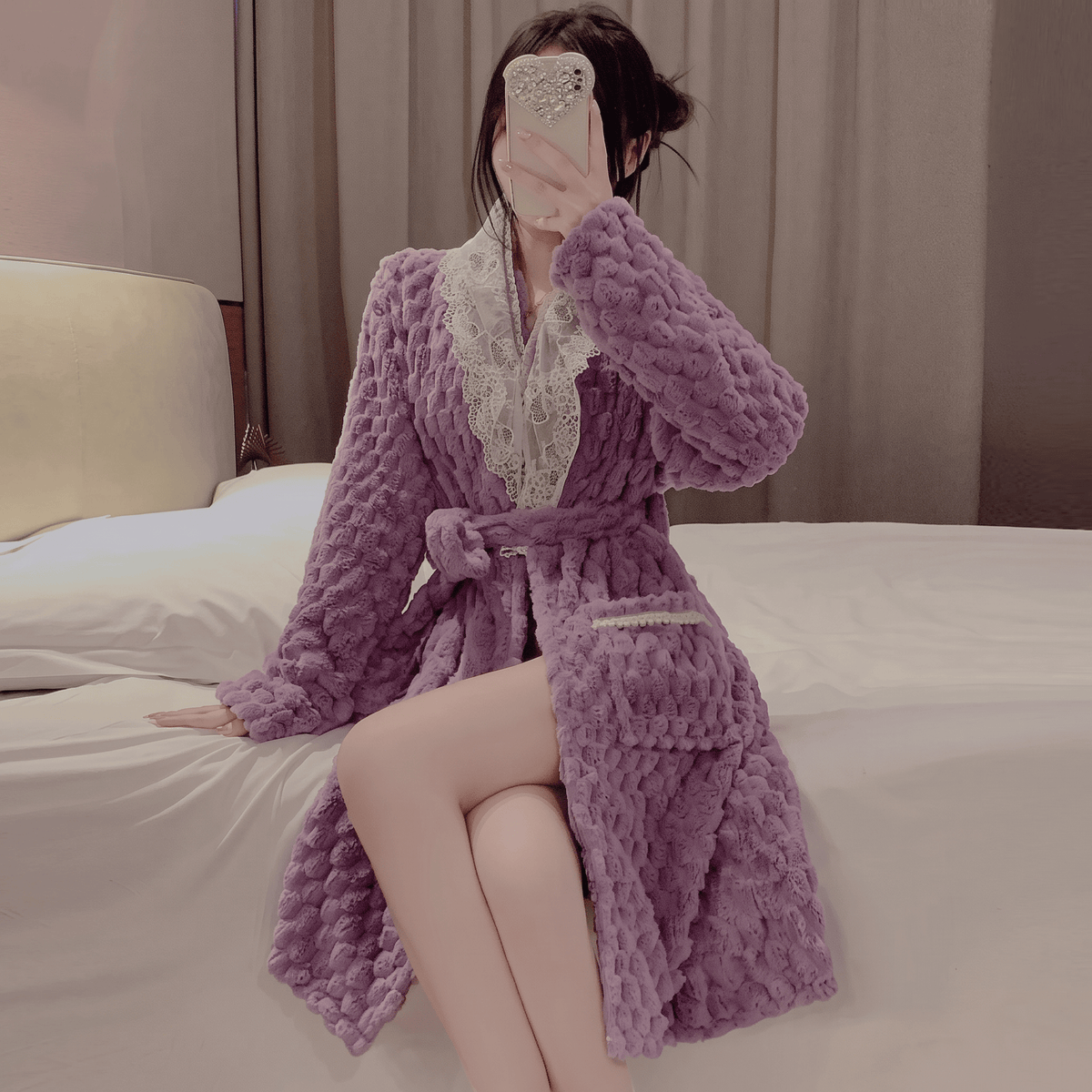 Le Prestige du Peignoir Peignoir Femme Polaire Dentelle Doux