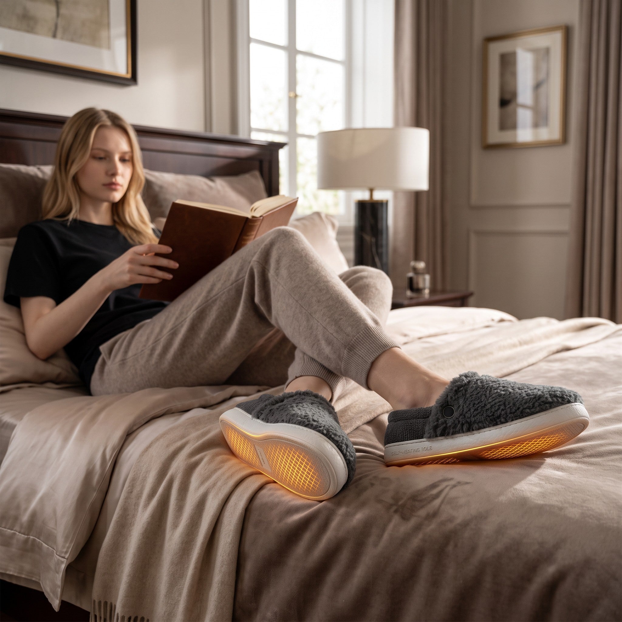 Femme lisant sur un lit portant des chaussons chauffants UnPeignoir gris en peluche avec semelles lumineuses USB