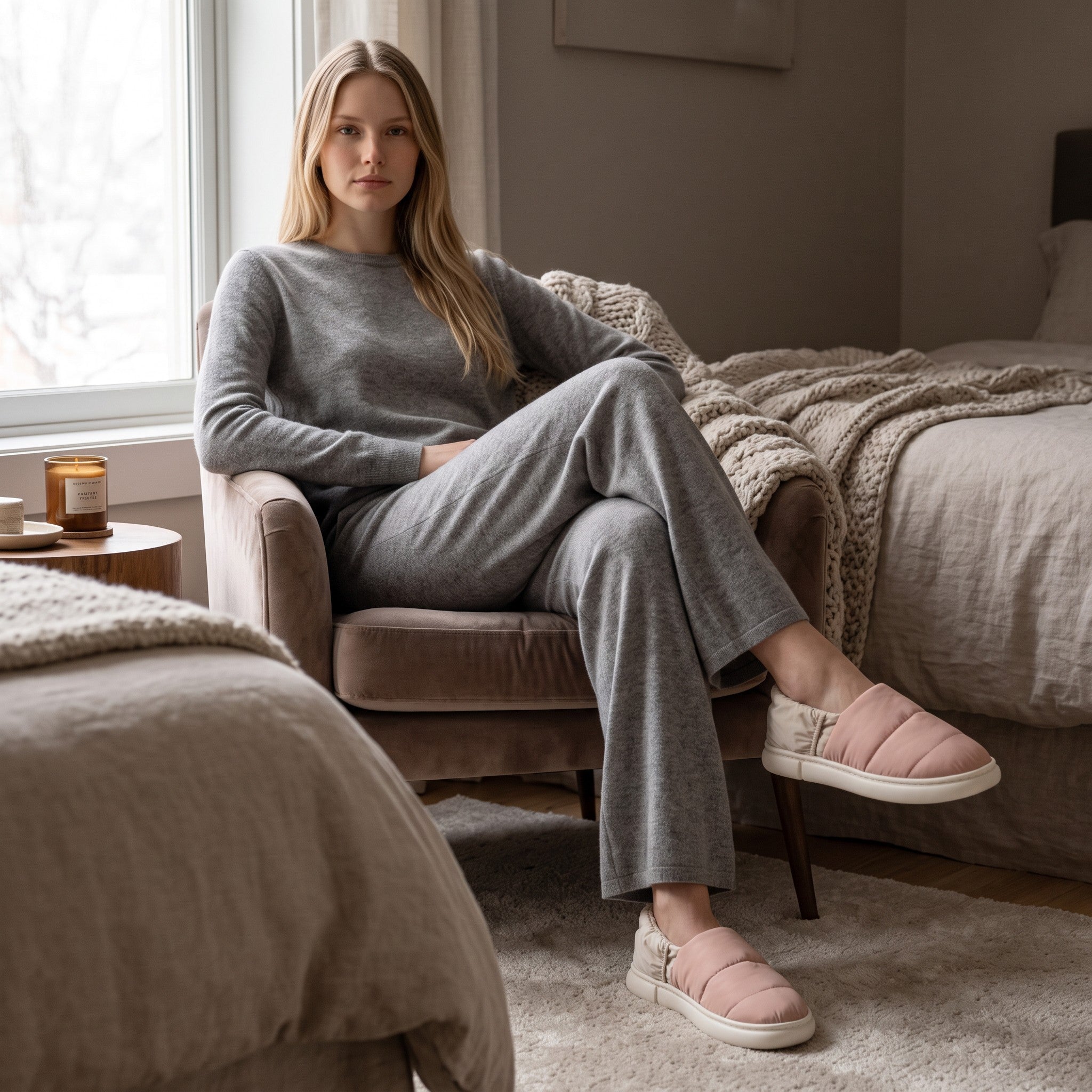Femme assise dans un fauteuil portant des chaussons chauffants roses UnPeignoir avec semelle antidérapante