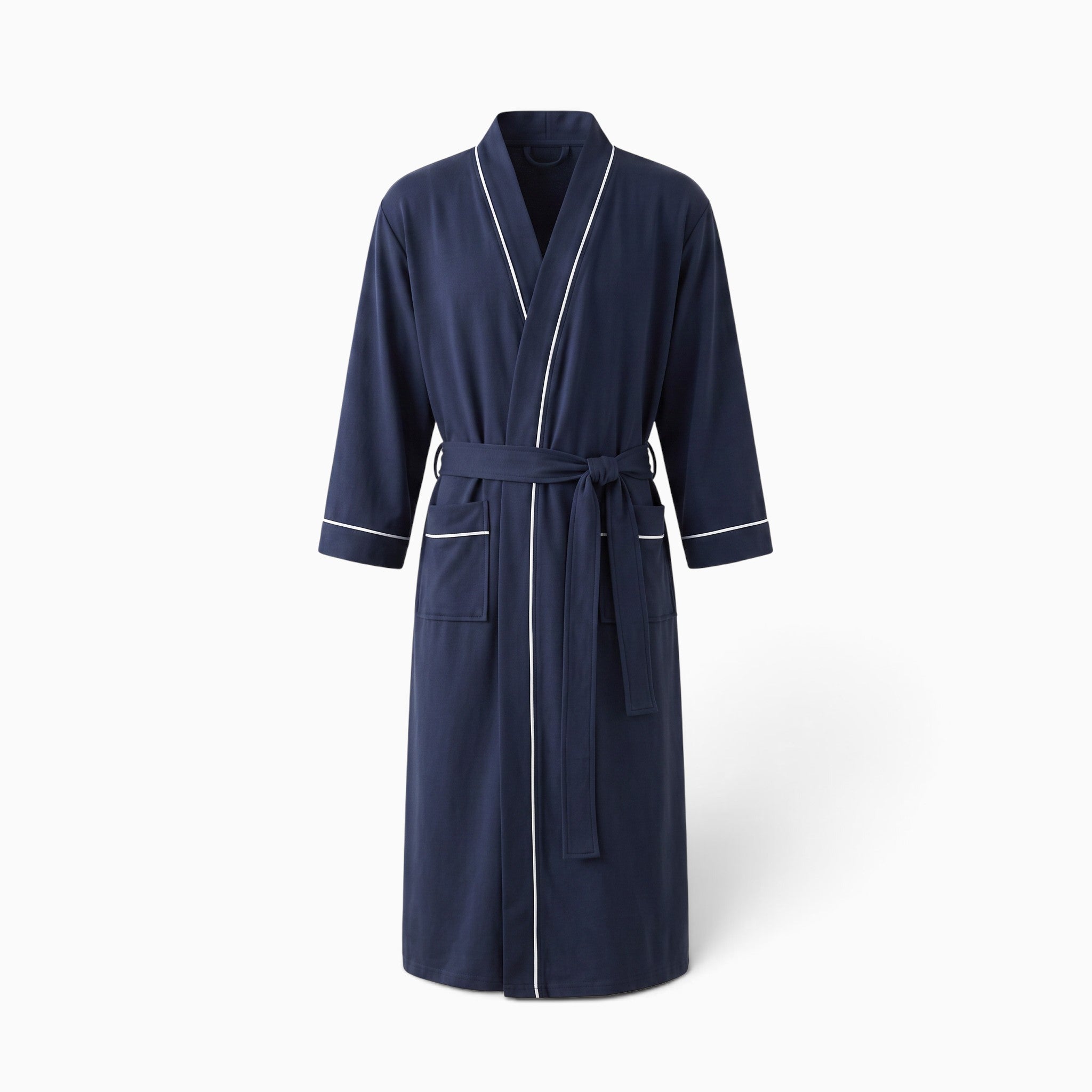 Peignoir de bain long bleu marine pour homme UnPeignoir avec liseré blanc contrastant et ceinture à nouer