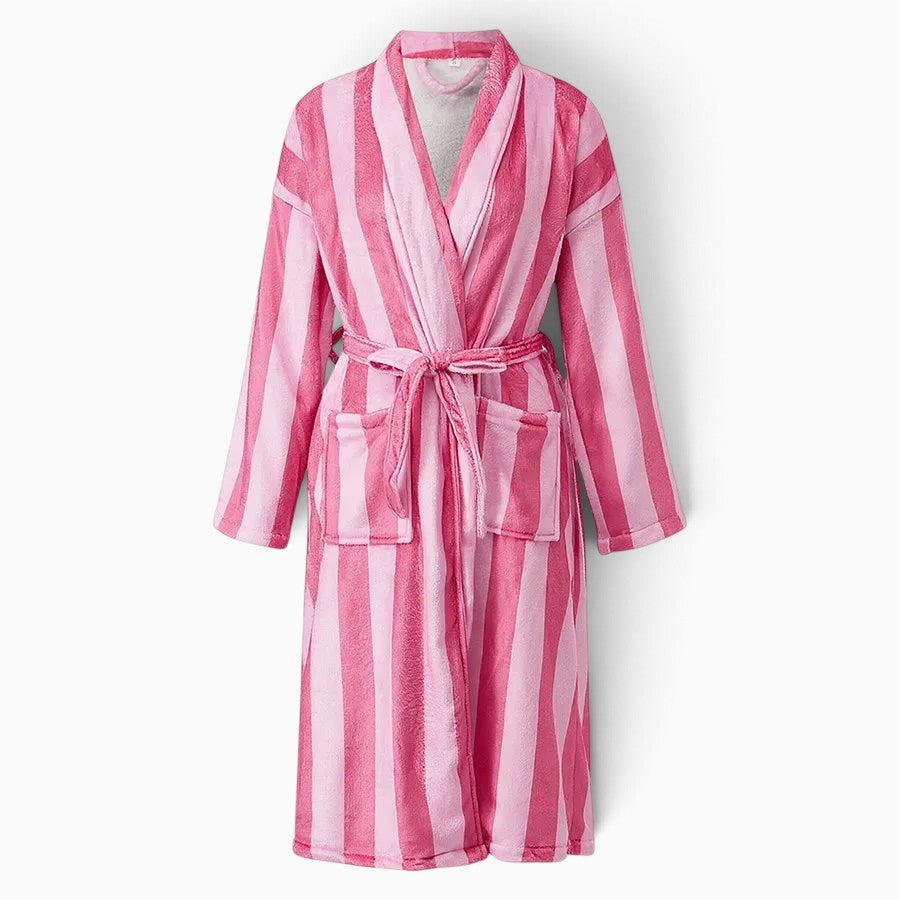 Peignoir UnPeignoir long pour femme à rayures roses avec ceinture à nouer, manches longues et deux poches pratiques