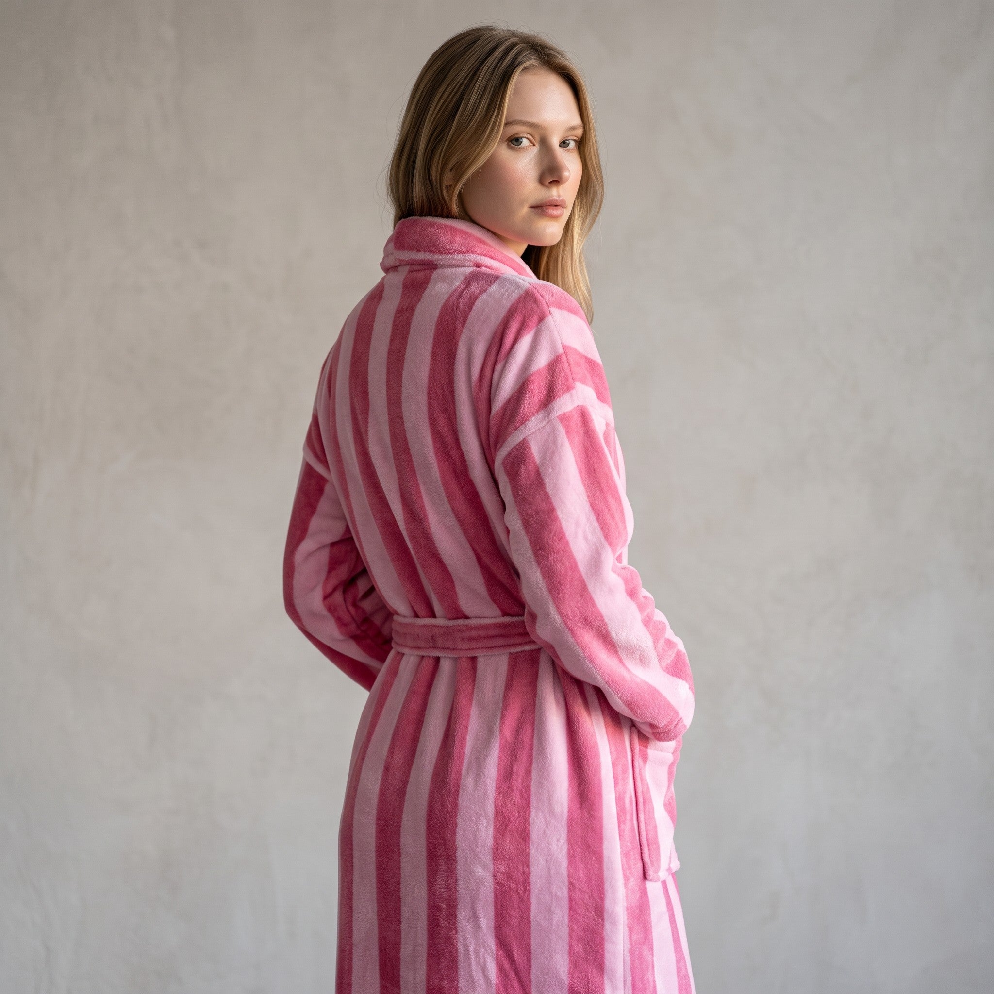 Femme portant un peignoir UnPeignoir long à rayures roses en tissu doux avec ceinture et poches, vue de dos