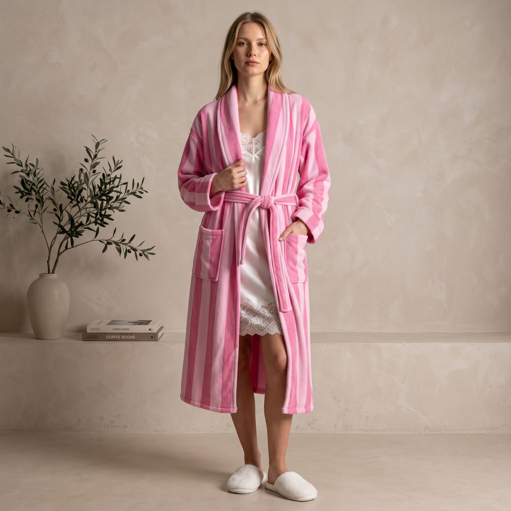 Femme portant un peignoir UnPeignoir long à rayures roses avec ceinture et poches dans un intérieur minimaliste
