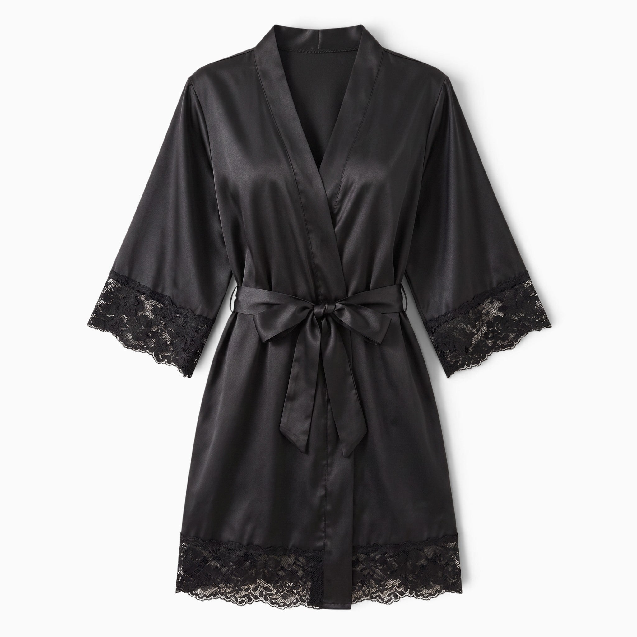 Peignoir femme UnPeignoir court en soie noire avec finitions en dentelle élégante sur les manches et l'ourlet