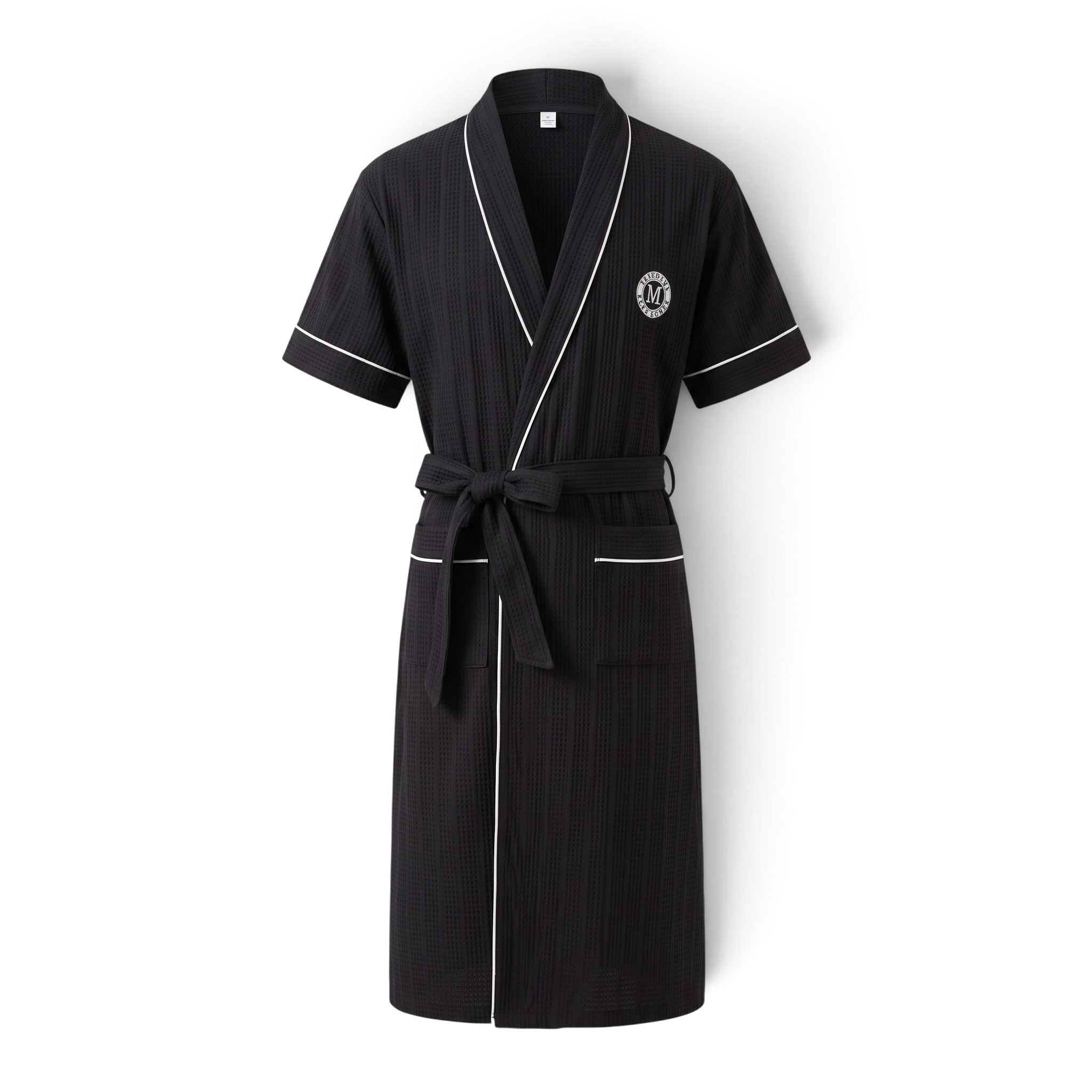 Peignoir homme UnPeignoir noir léger à manches courtes avec liseré blanc et texture gaufrée pour un confort élégant