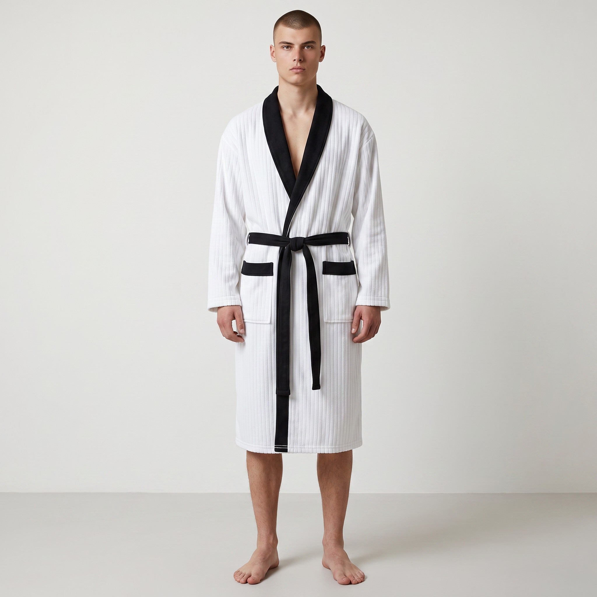 Homme portant un peignoir UnPeignoir blanc en polaire avec col châle et finitions contrastées noires