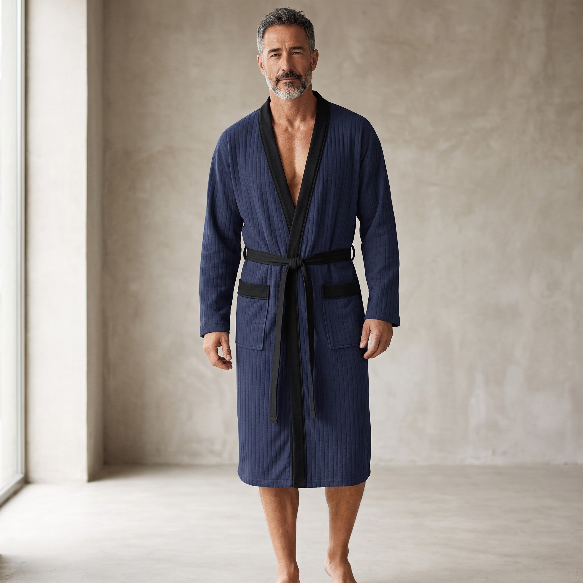 Homme portant un peignoir UnPeignoir bleu marine en polaire avec col châle noir et ceinture contrastée