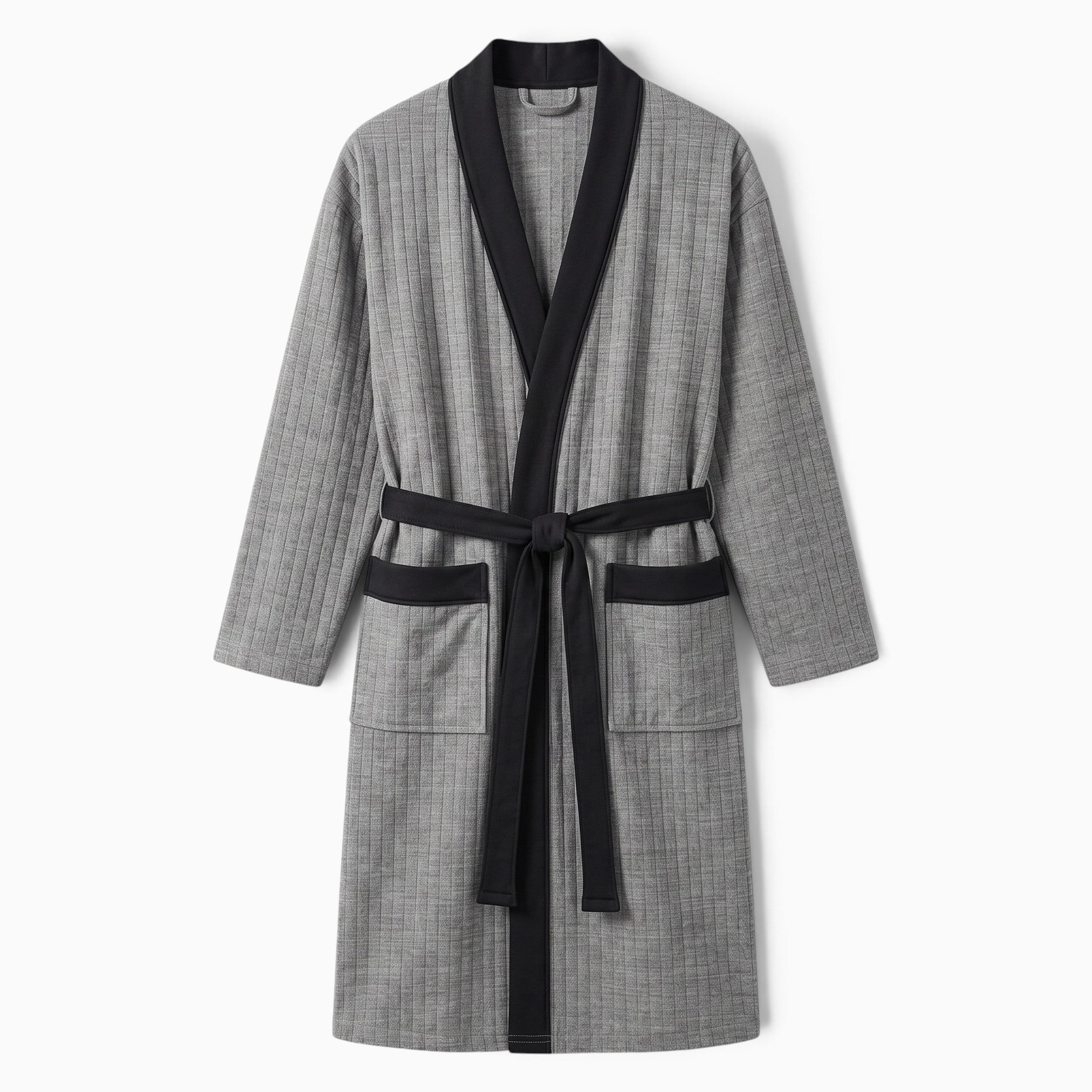Peignoir homme polaire UnPeignoir gris à col châle noir et ceinture, coupe longue et structurée en polyester