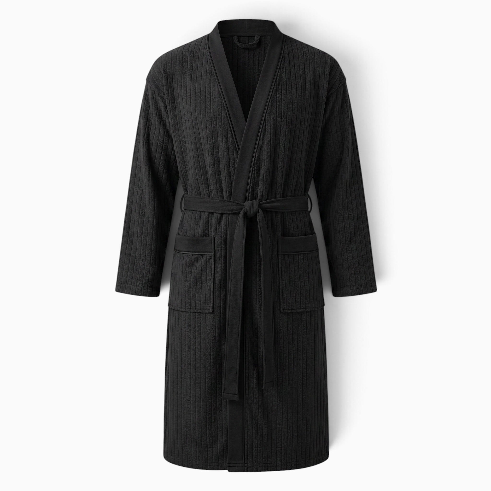 Peignoir de bain UnPeignoir pour homme en polaire noire avec col châle, coupe longue et ceinture à nouer