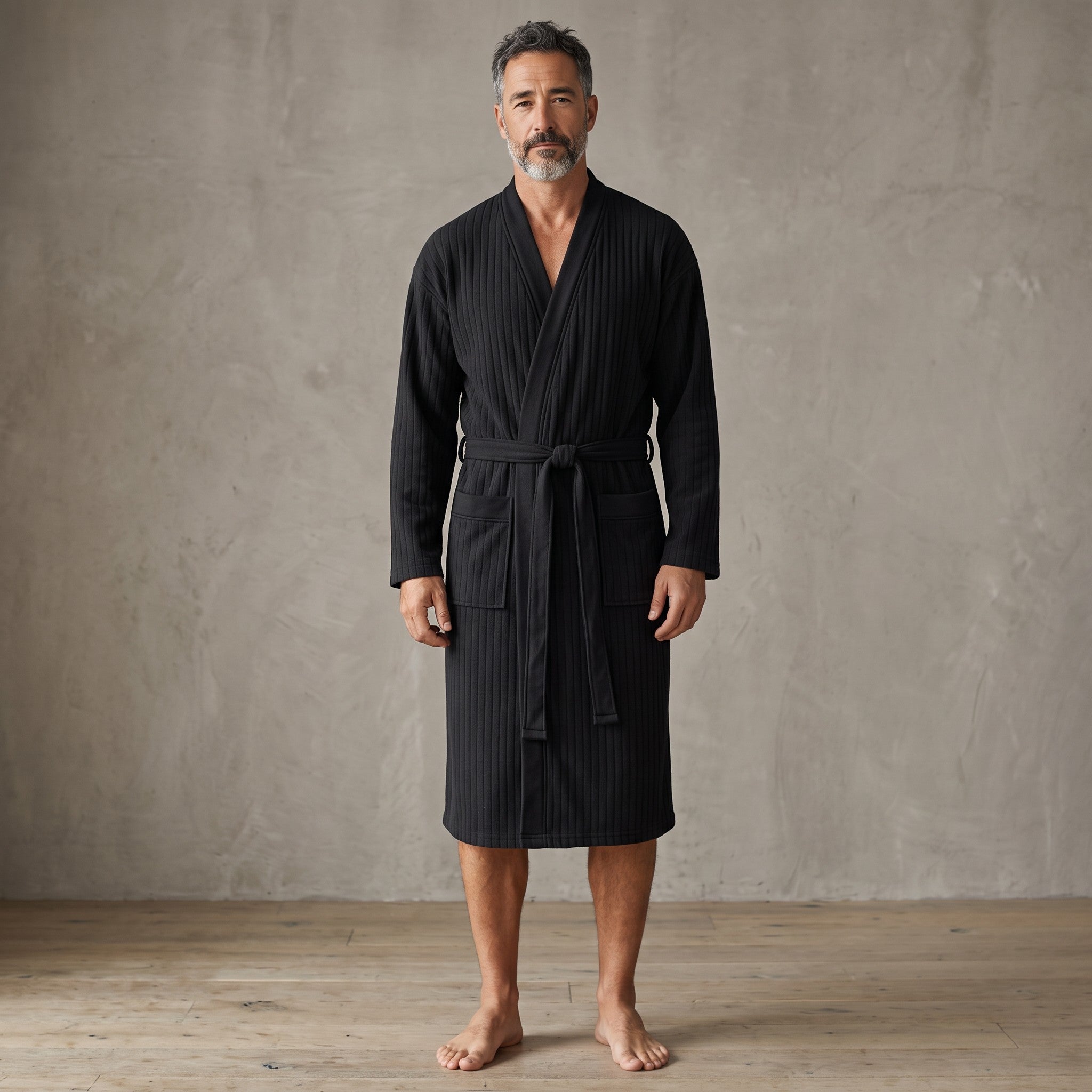 Homme portant un peignoir UnPeignoir noir en polaire avec col châle et ceinture, style sobre et structuré