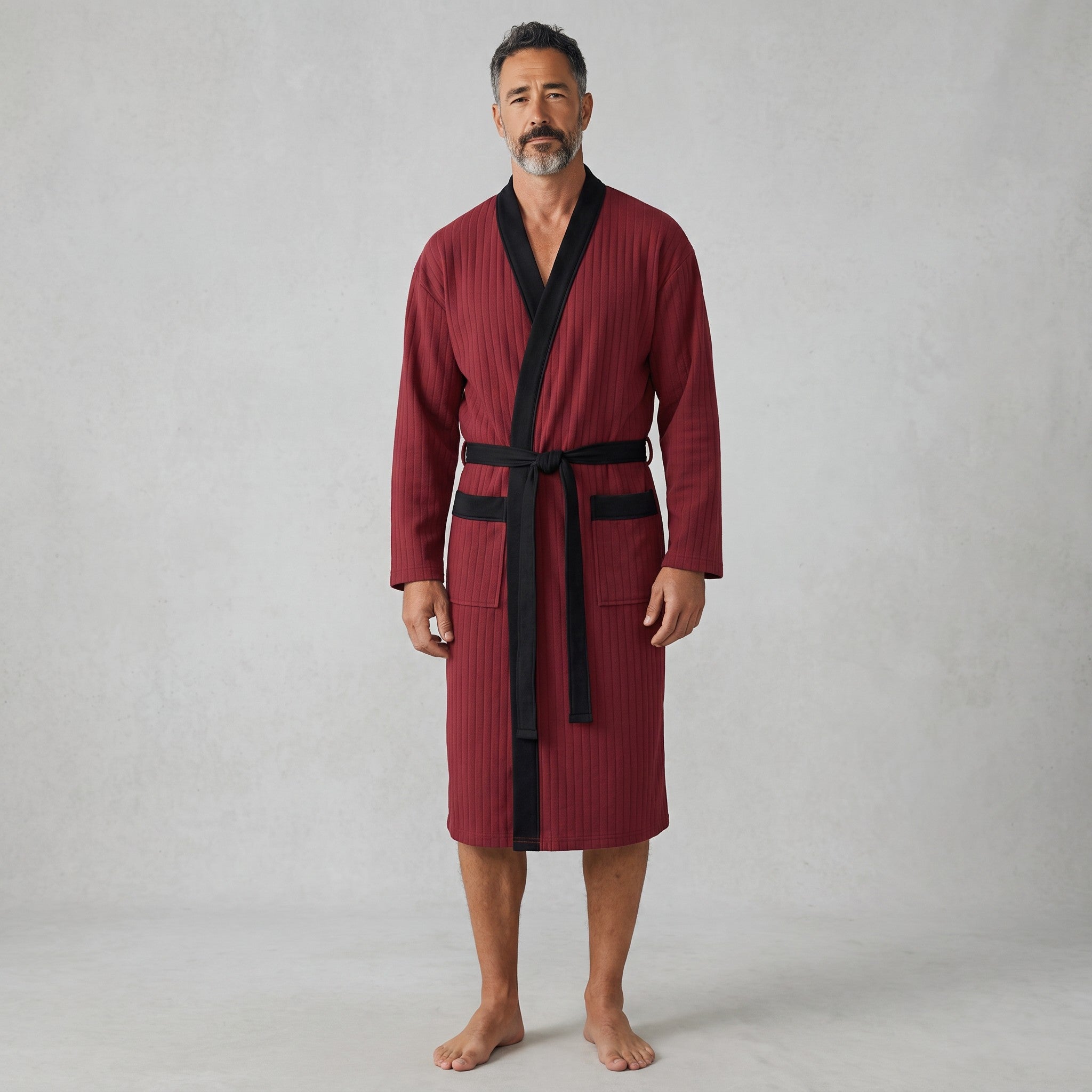 Homme portant un peignoir UnPeignoir polaire rouge bordeaux avec col châle et ceinture noirs, coupe longue structurée.