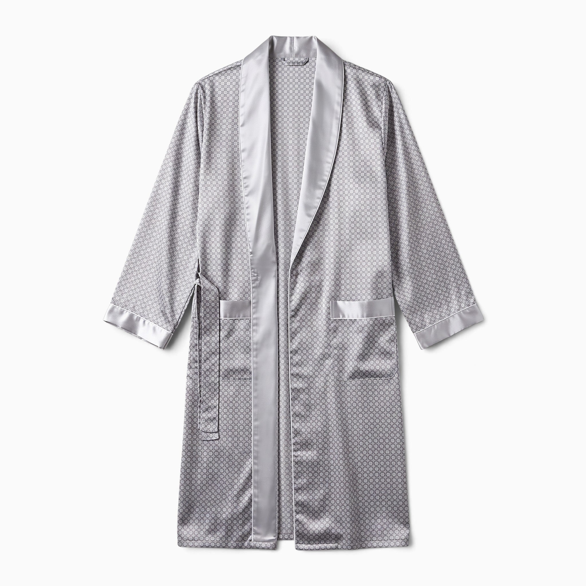 Peignoir homme UnPeignoir en satin argenté avec motif géométrique, col châle et ceinture, style élégant et soyeux