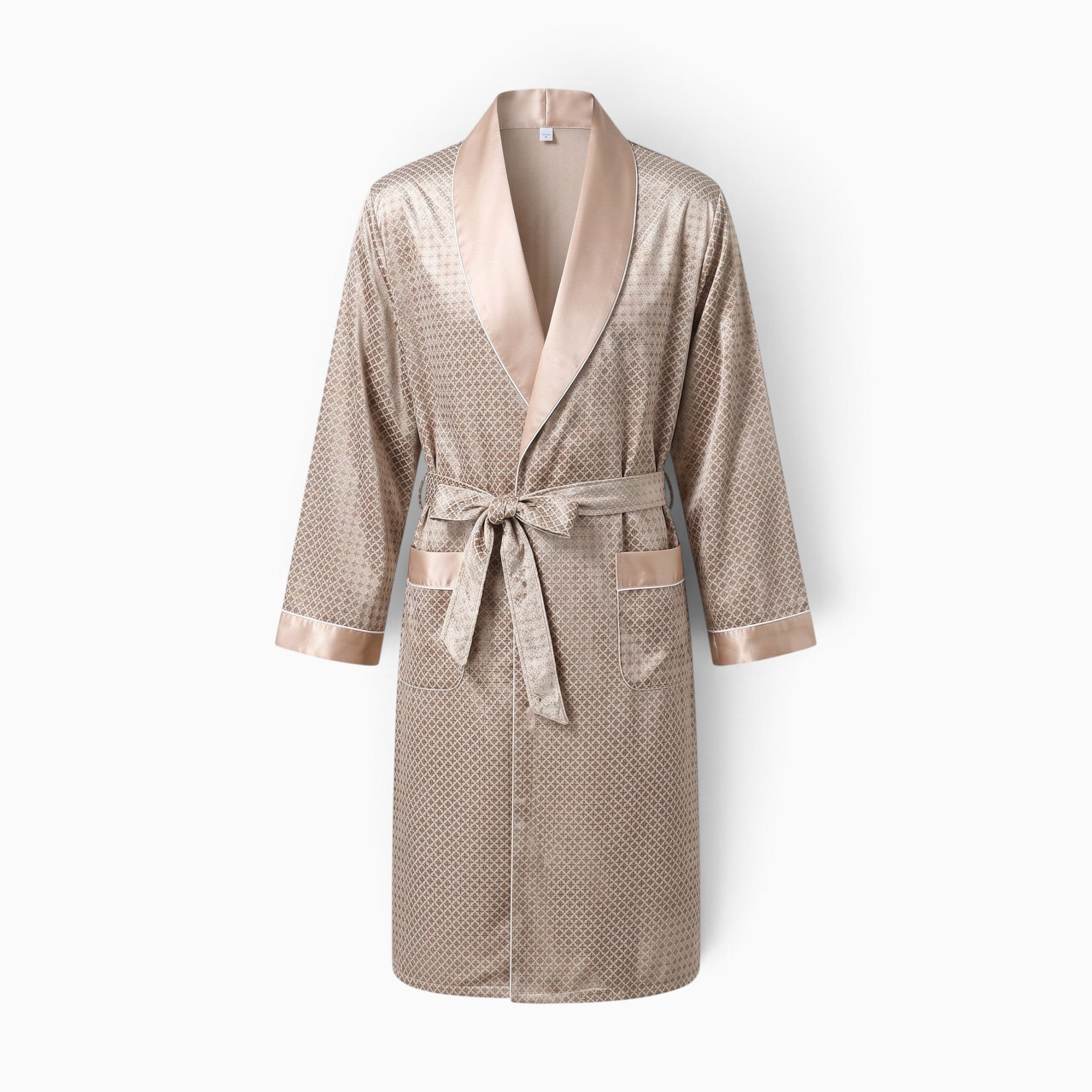 Peignoir UnPeignoir pour homme en satin beige avec motifs géométriques dorés, col châle et ceinture à nouer