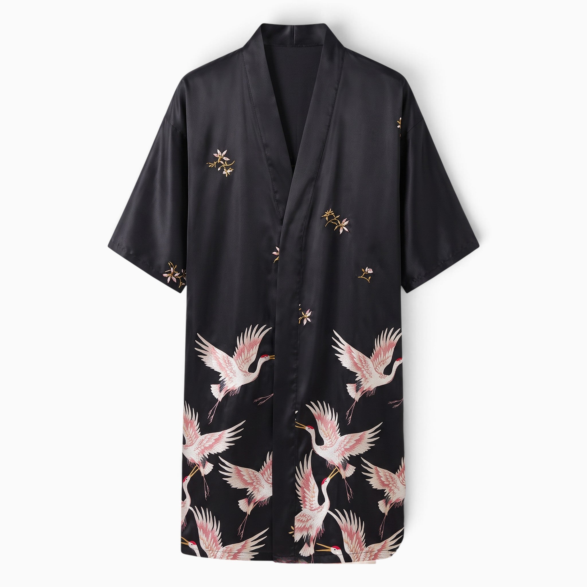 Peignoir homme UnPeignoir en satin noir avec motifs d'oiseaux et fleurs brodées, style kimono élégant