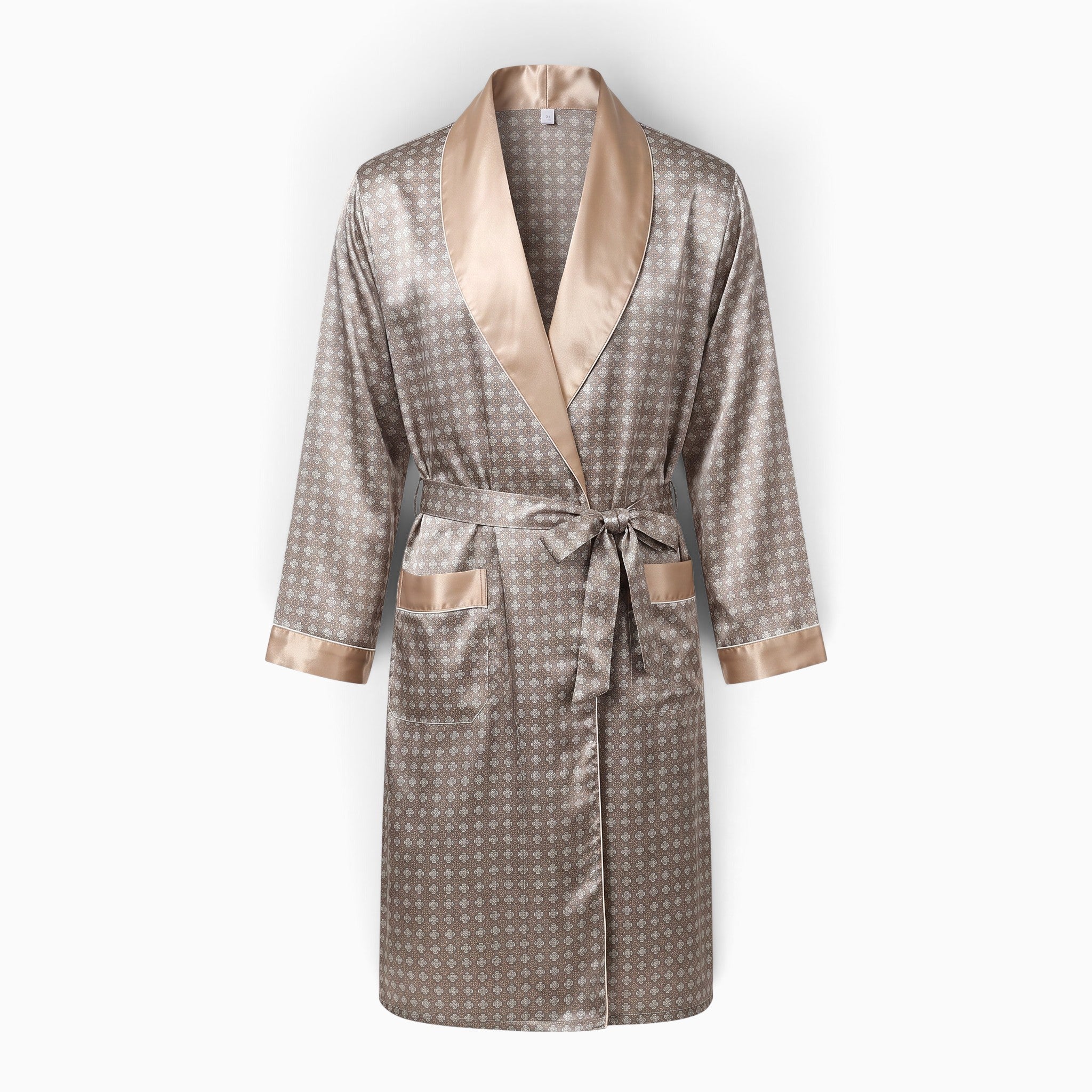 Peignoir homme UnPeignoir en satin doré avec motif géométrique, col châle contrasté et ceinture à nouer.