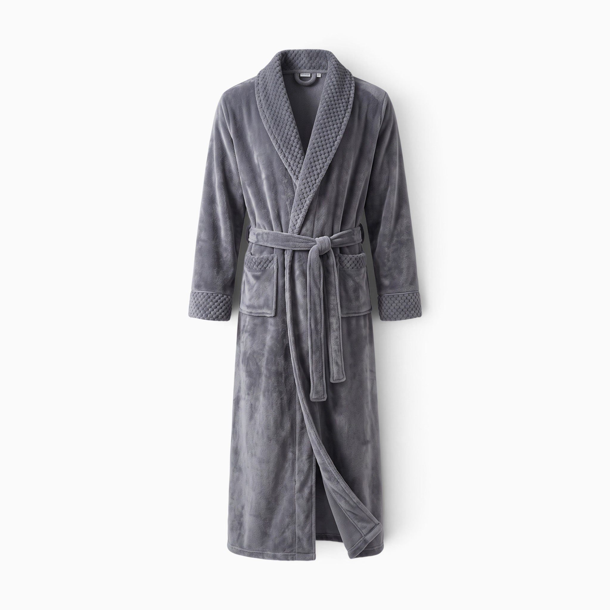 Peignoir homme long en velours gris avec col châle texturé, élégant et confortable, par UnPeignoir.