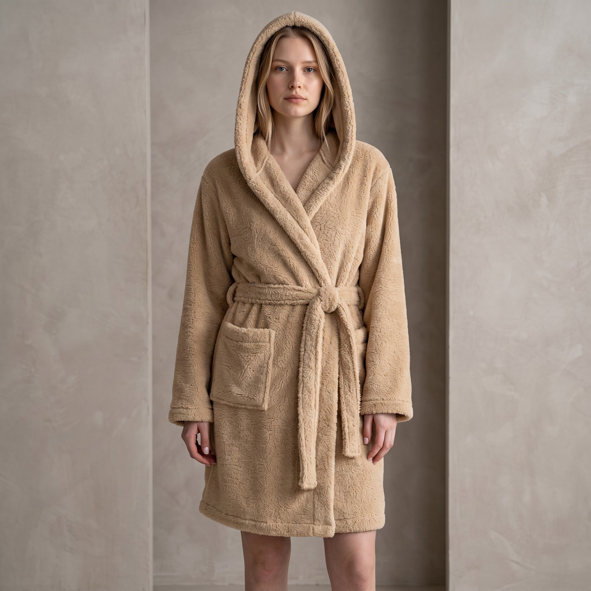 Femme portant un peignoir UnPeignoir polaire beige épais avec capuche à oreilles, coupe mi-longue et ceinture nouée.