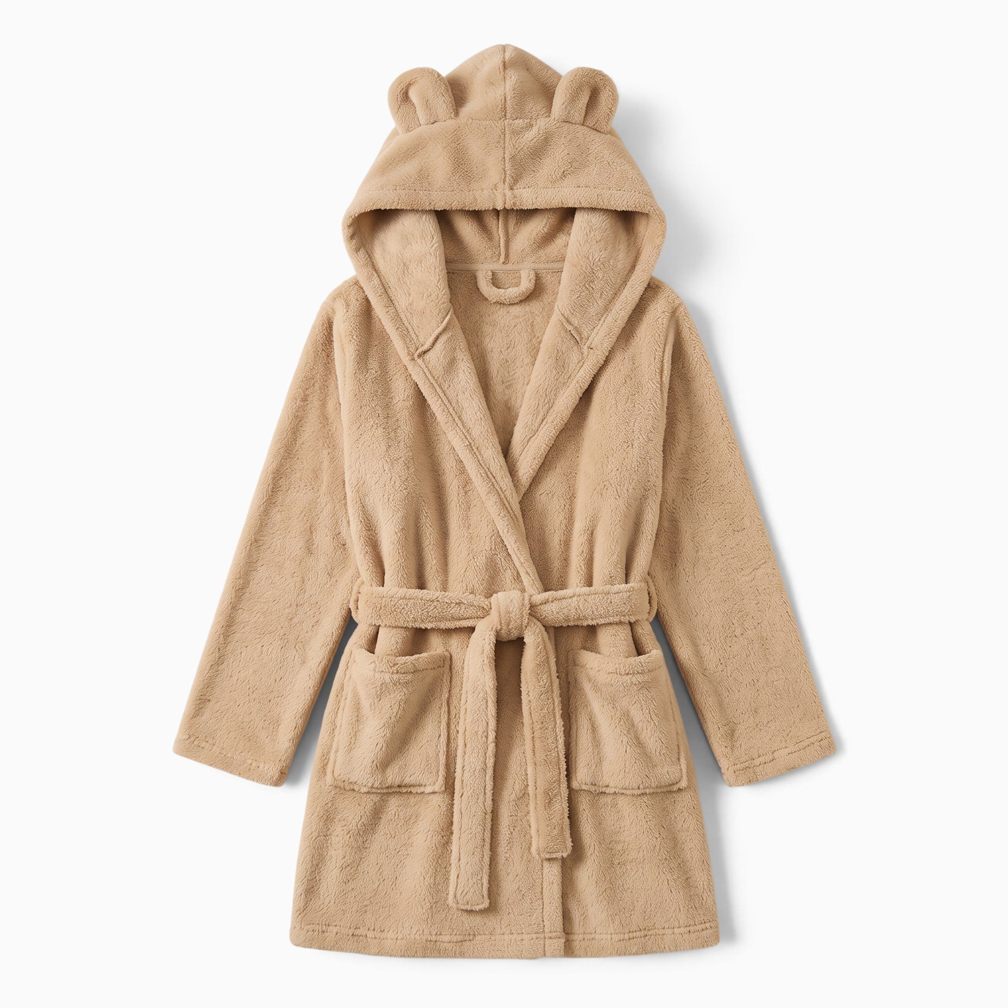 Peignoir polaire épais UnPeignoir beige pour femme avec capuche à oreilles et ceinture, longueur au genou