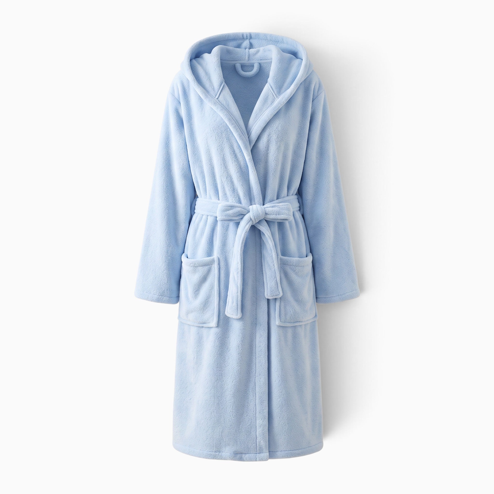 Peignoir polaire UnPeignoir bleu ciel pour femme avec capuche, ceinture à nouer et poches avant douces