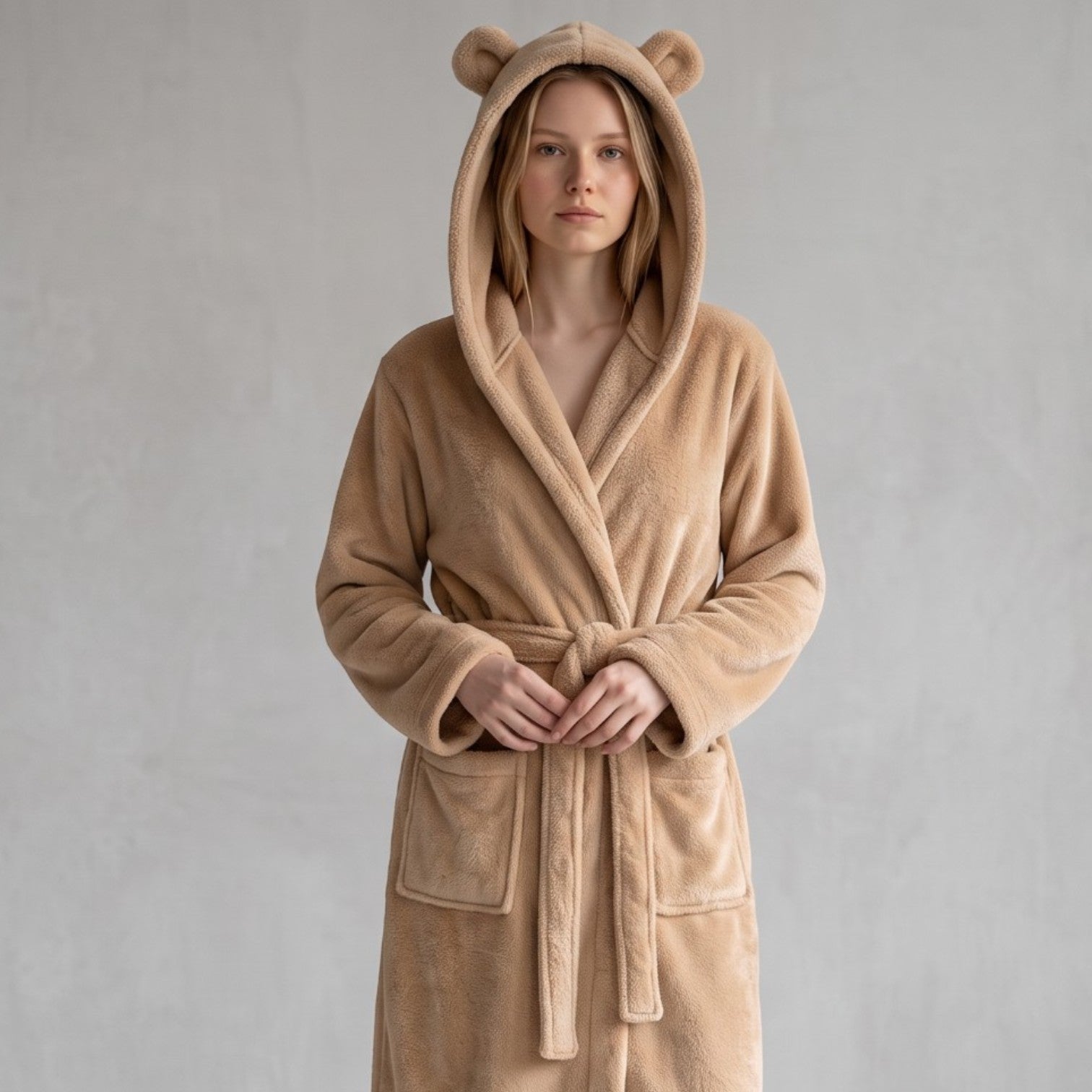 Femme portant un peignoir polaire UnPeignoir beige épais avec capuche à oreilles et ceinture nouée