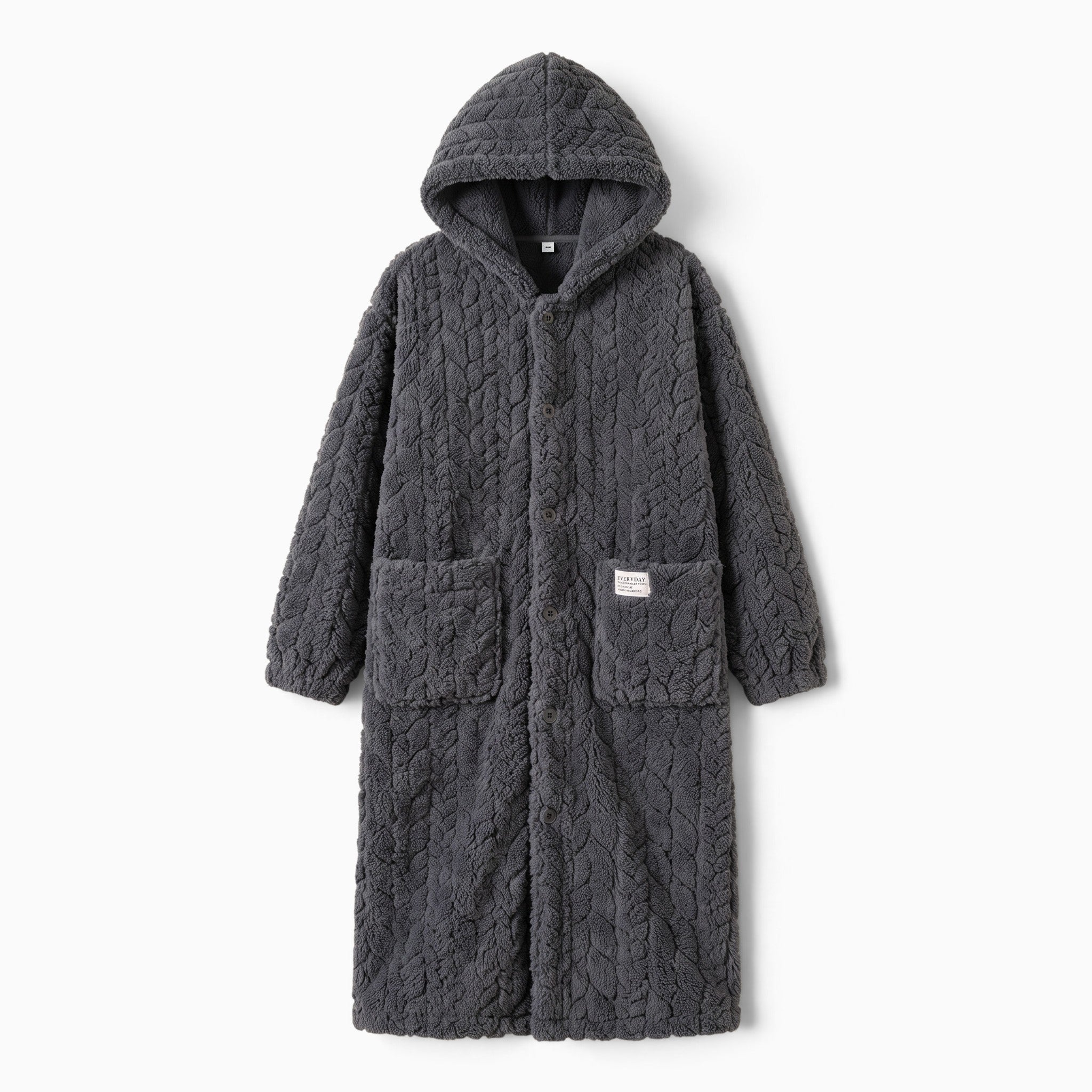 Peignoir UnPeignoir long pour homme en polaire gris anthracite avec capuche, texture tressée et poches avant
