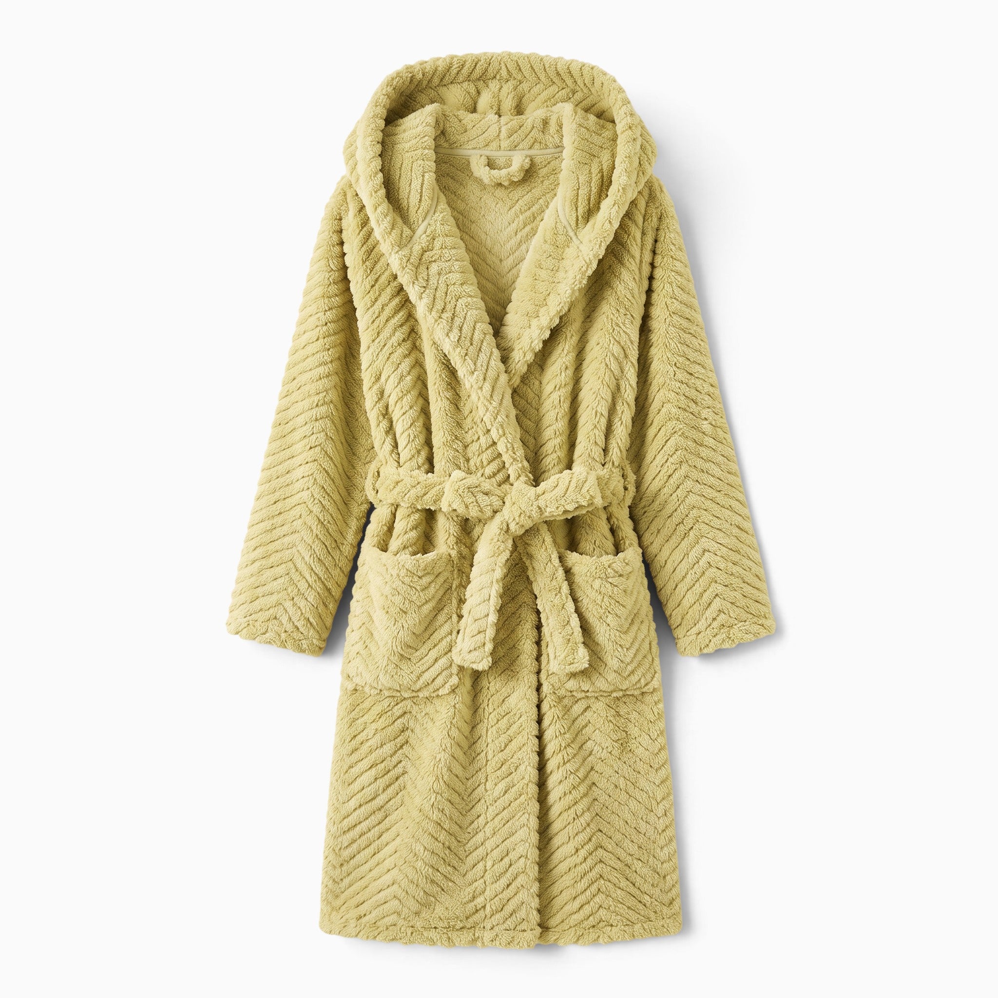 Peignoir polaire long UnPeignoir beige à capuche avec texture chevron douce et ceinture à nouer