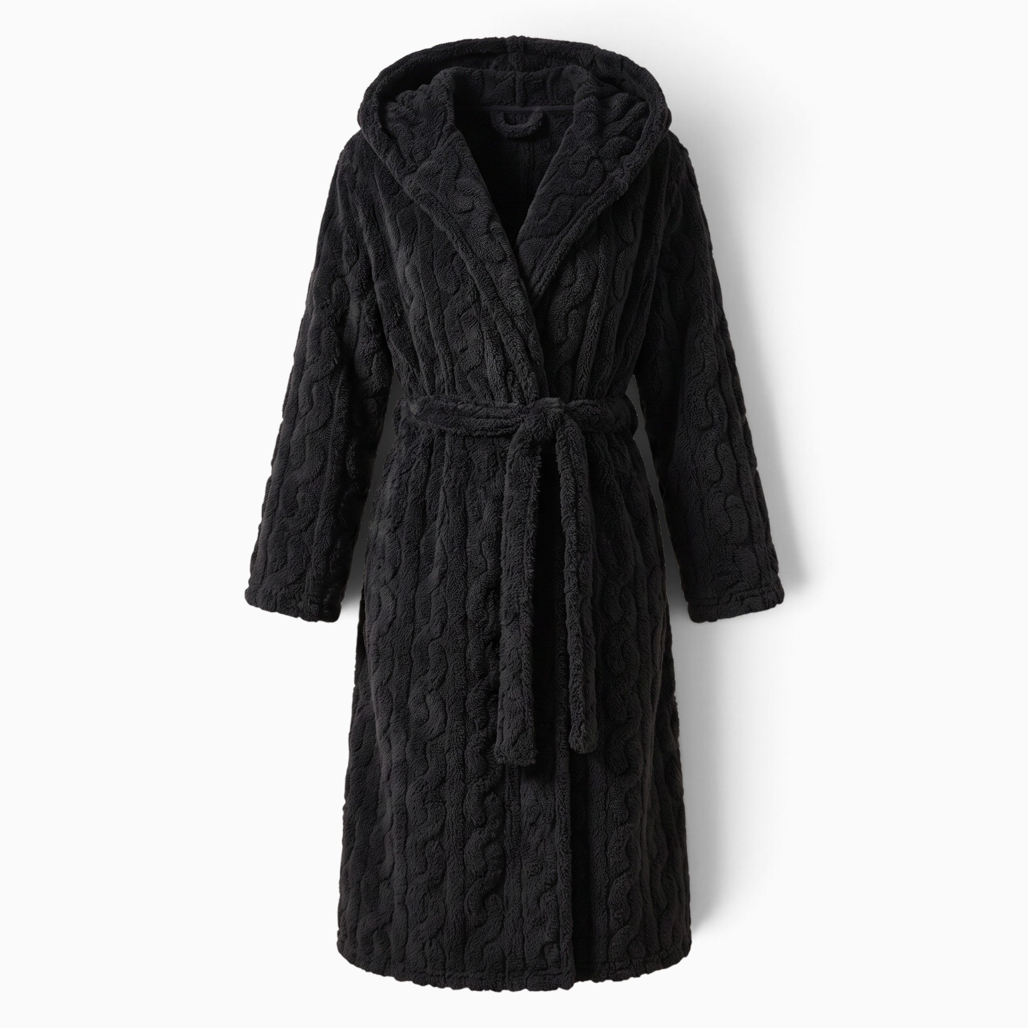 Peignoir polaire UnPeignoir noir épais pour femme avec capuche et texture en relief, idéal pour le cocooning hivernal.
