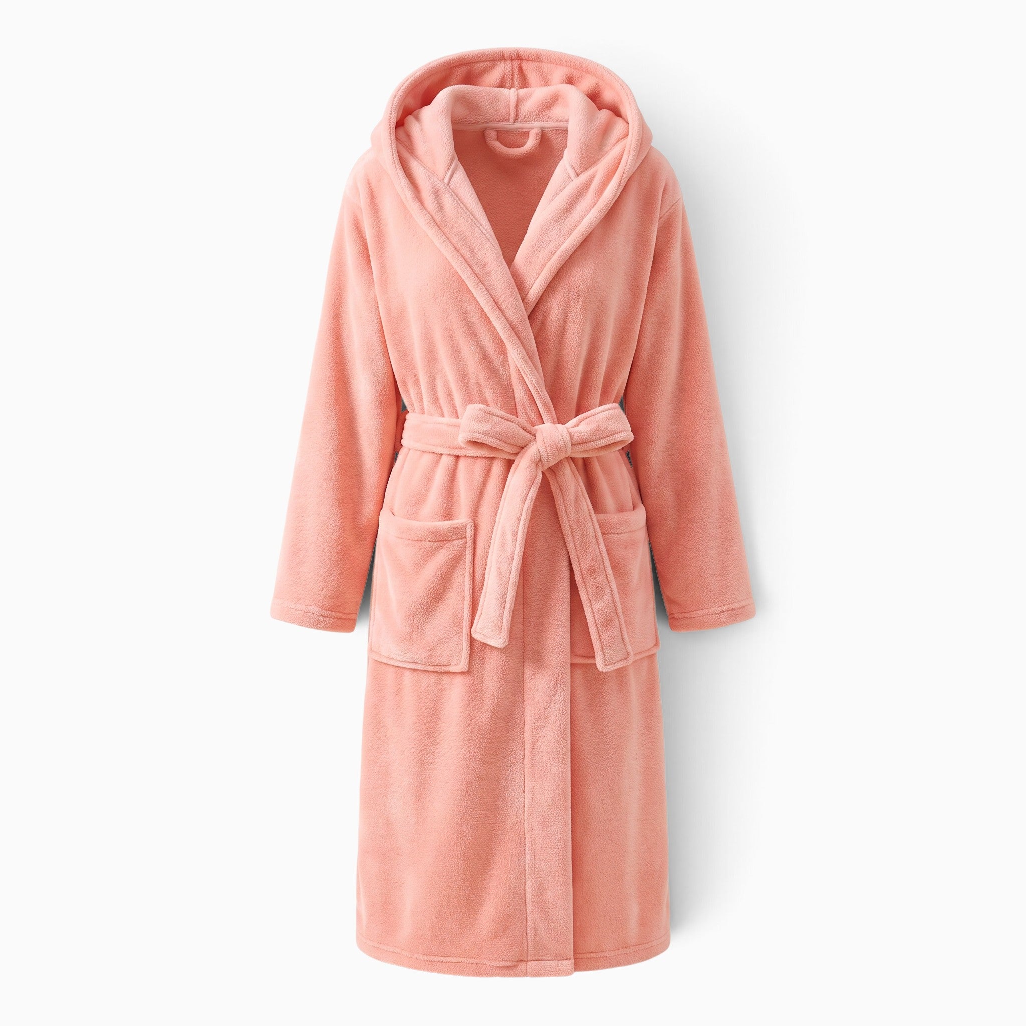 Peignoir polaire UnPeignoir rose pour femme avec capuche, ceinture à nouer et poches latérales douces.