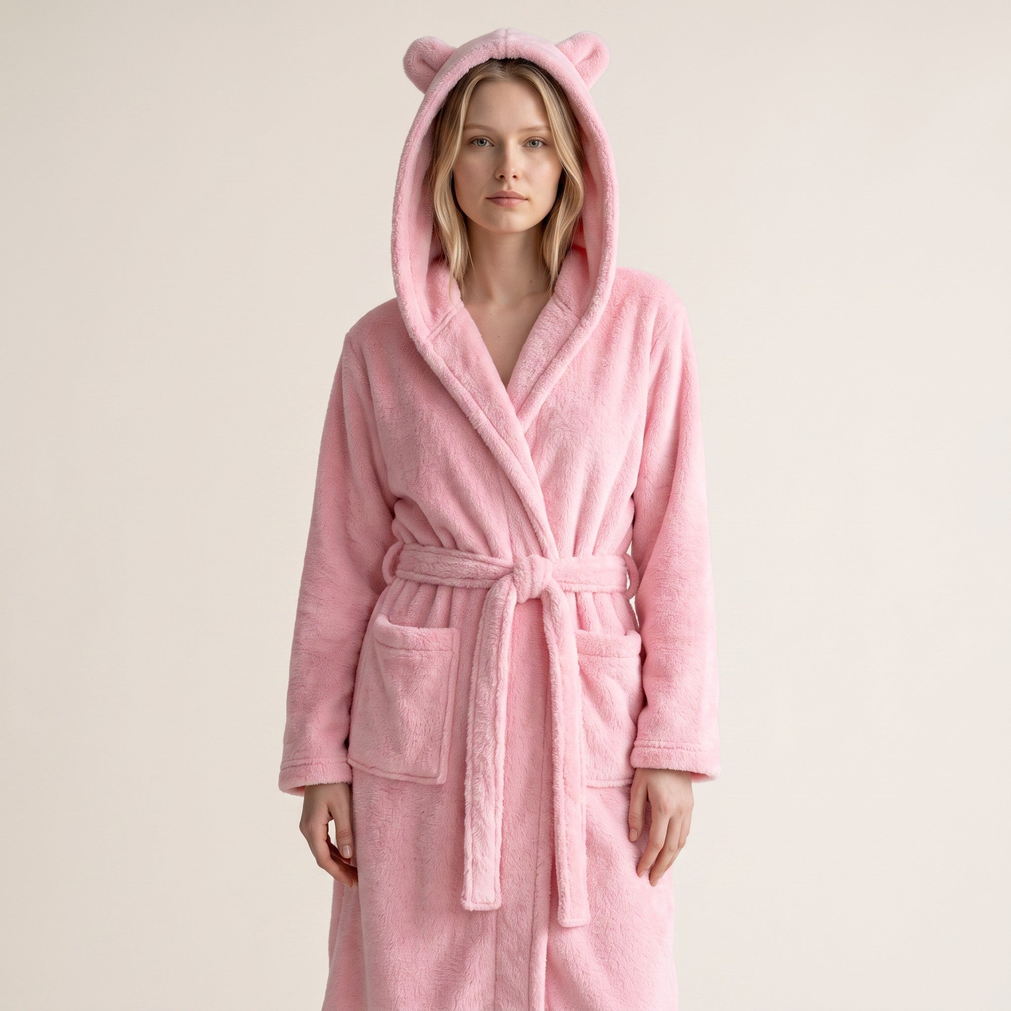 Femme portant un peignoir UnPeignoir rose en polaire épaisse avec capuche à oreilles, coupe mi-longue et ceinture
