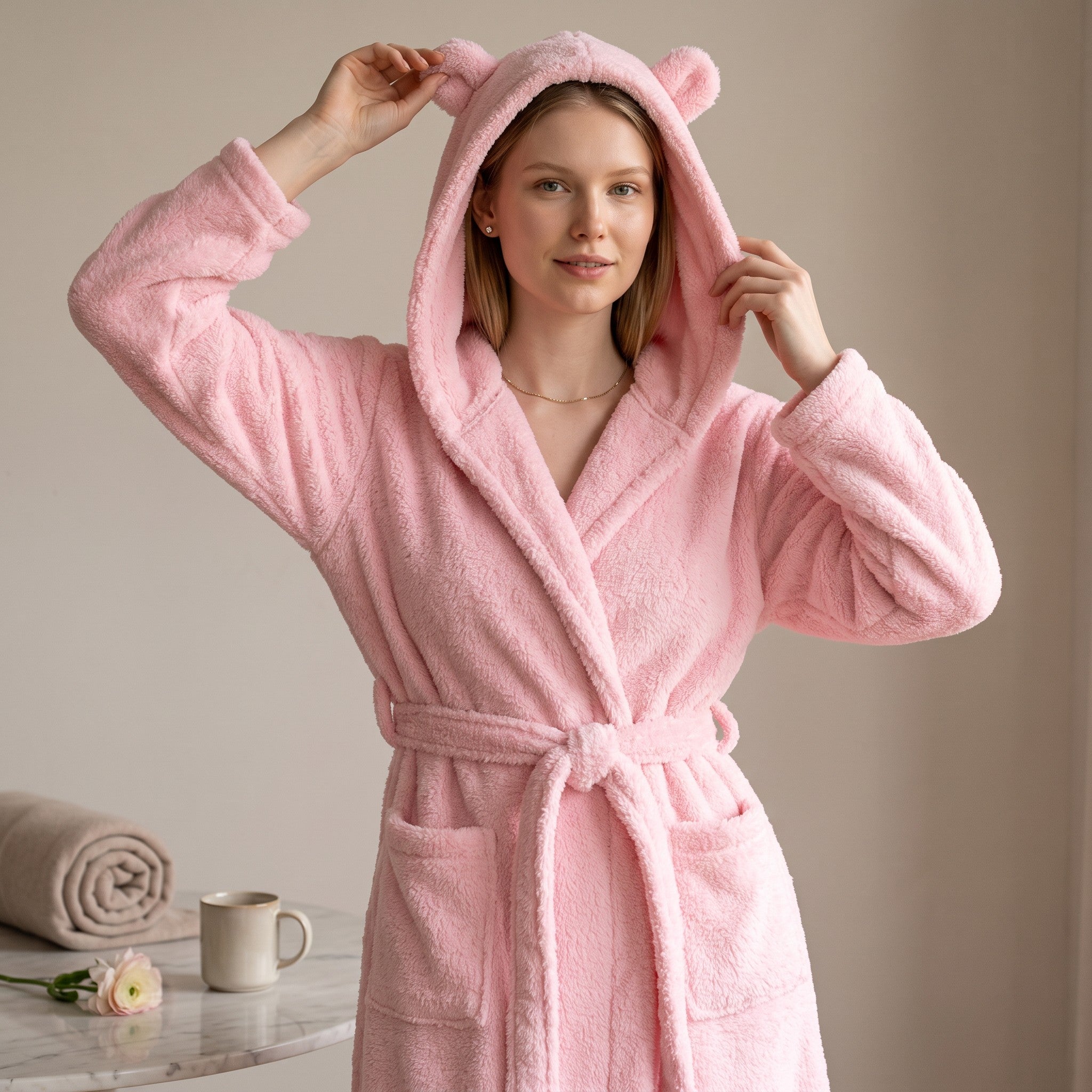 Femme portant un peignoir UnPeignoir polaire rose épais avec capuche à oreilles, idéal pour une tenue d'intérieur douce.