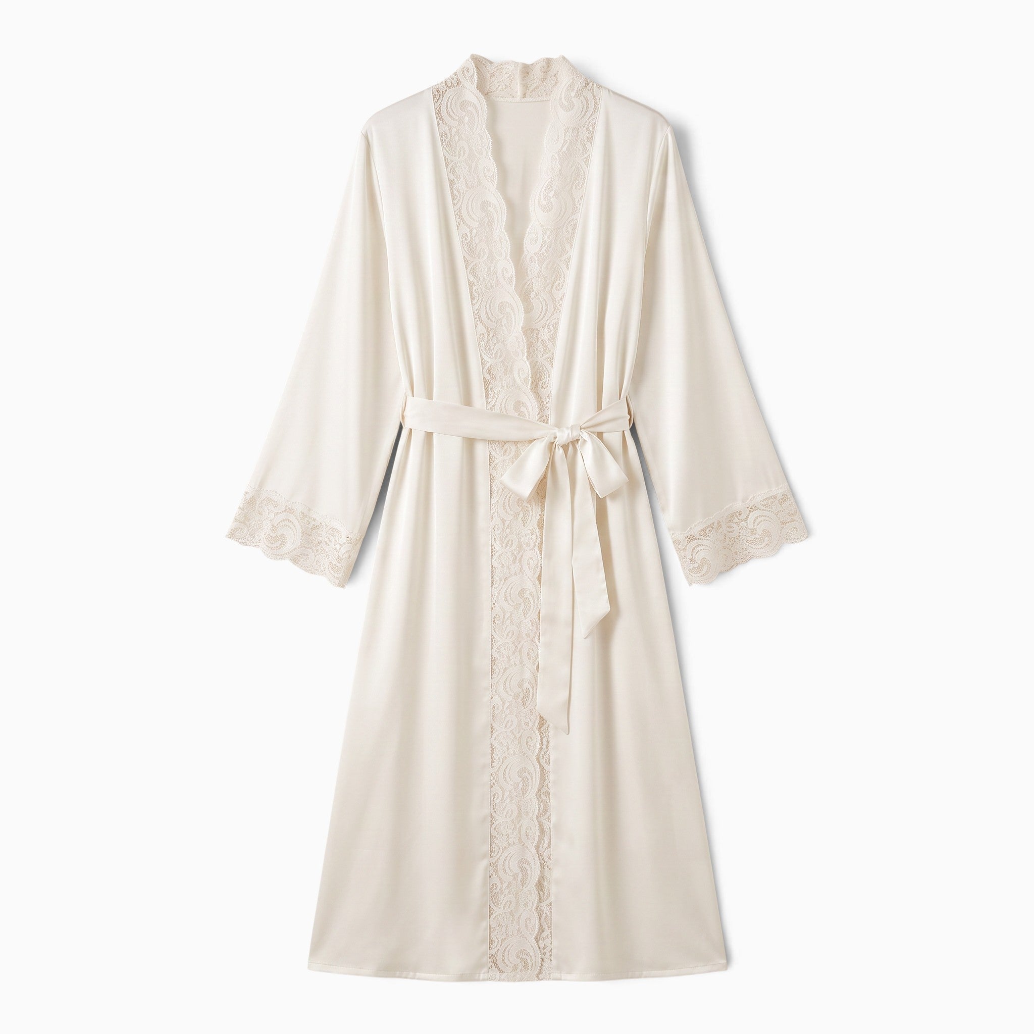 Peignoir long en satin blanc cassé UnPeignoir avec finitions en dentelle délicate sur le col et les manches