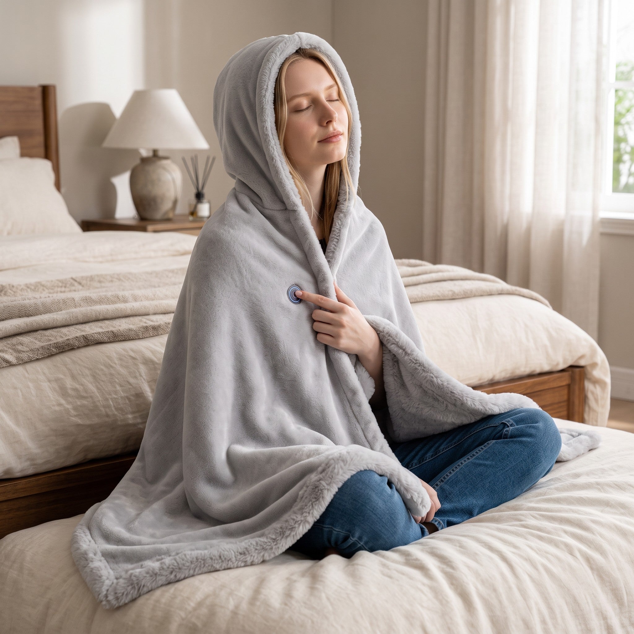 Femme assise sur un lit portant un plaid chauffant gris à capuche et manches de la marque UnPeignoir avec bouton USB