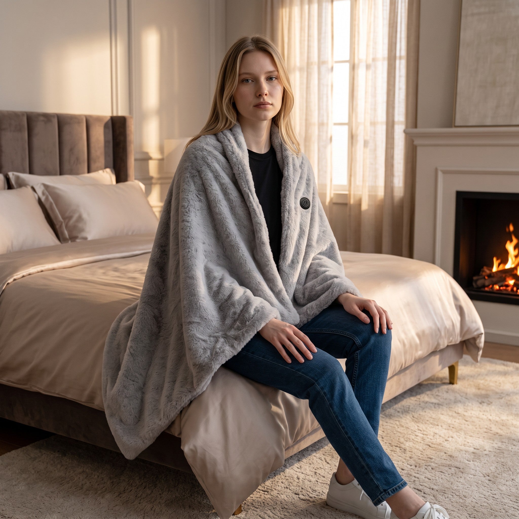 Femme assise sur un lit portant un plaid chauffant gris à manches UnPeignoir dans une chambre chaleureuse